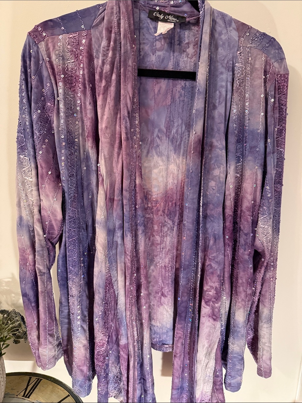 Only Nine Woman Purple Tie-Dye Sequin Drape Jacket/ Cover Flows beautifully.